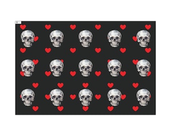 Papier cadeau tête de mort et coeur - Noir et rouge - Papier cadeau tête de mort - Papier cadeau Halloween - Papier cadeau tête de mort - Cadeau d'Halloween