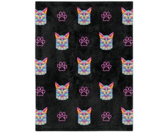 Neon Cat and Black Velveteen Microfiber Blanket - Cat Blanket