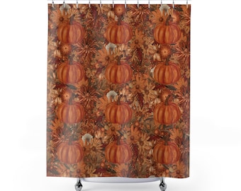 Kürbis, Blumen und Blätter Duschvorhang - Orange Herbst Badezimmer Dekor - Herbst Kürbis Duschvorhang - Herbst Badezimmer