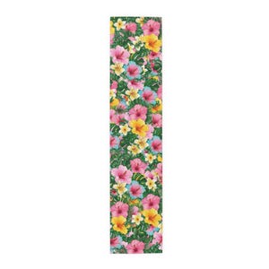 Green, Pink, Blue, Yellow Hibiscus Polyester Table Runner -Perfect for Weddings, Home Decor, Table Setting, Dining Room- Floral Table Runner