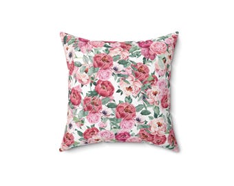 Spring Flower Pink Peonies Spun Polyester Floral Square Pillow - floral pillow - spring decor - peony pillow - pretty pillow - peony gift