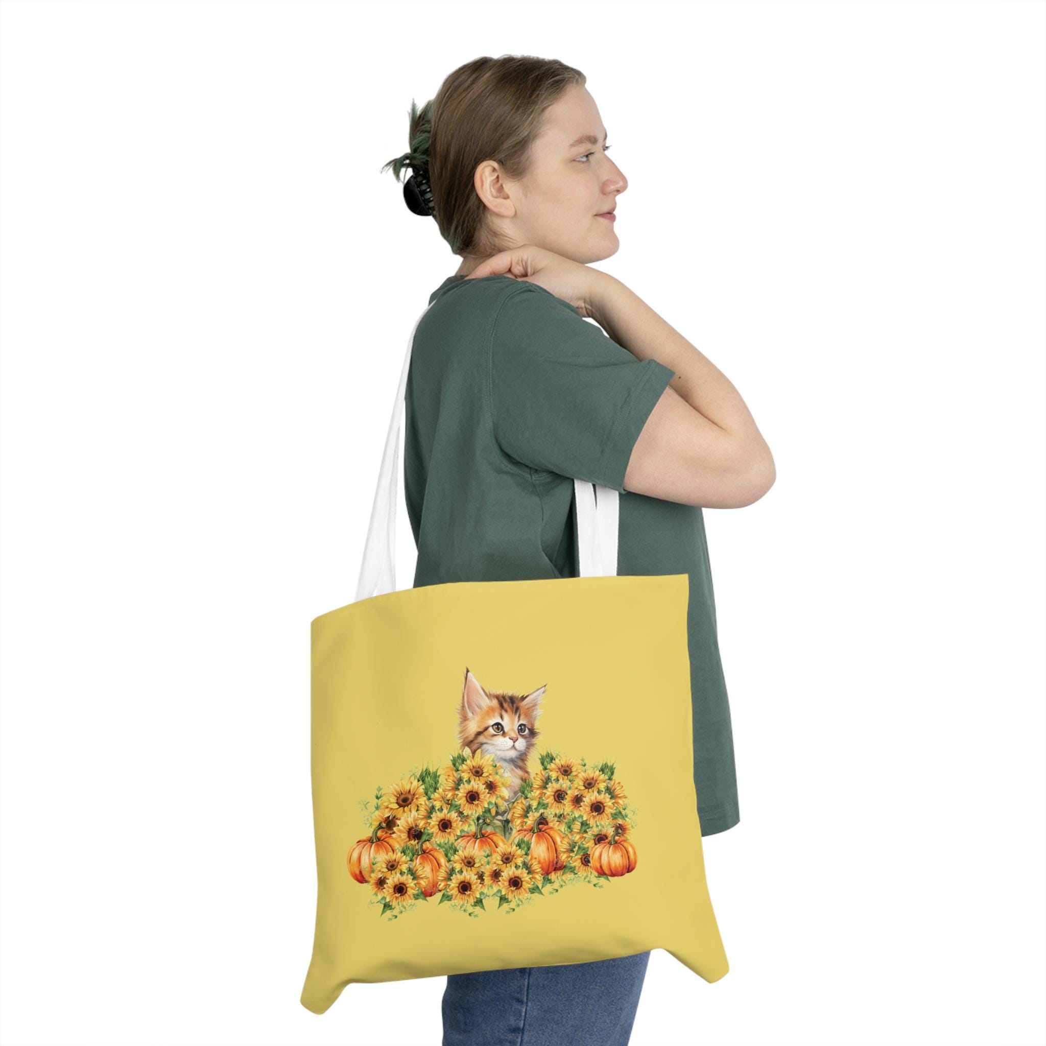 も*ふ様 ハンドメイド♡夏イエロー！ポケットいっぱい！ひまわり！猫トートバッグ！ 黄色のひまわりとカボチャの子猫トートバッグ - 黄色のトートバッグ