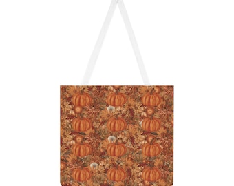 Autumn Pumpkin, Leaves & Flowers Tote Bag – Fall Tote Bag – Orange Autumn Tote – Pumpkin Tote – Seasonal Carry Bag