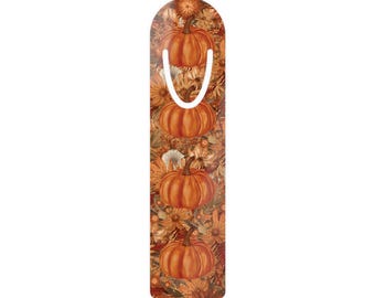 Autumn Pumpkins, Flowers & Leaves Bookmark – Orange Fall Bookmark – Aluminum Backed Foliage Bookmark – Gift for Readers