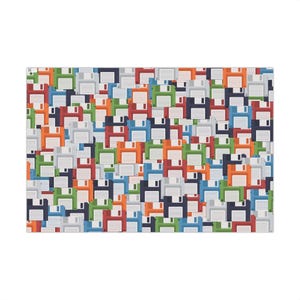May include: A rectangular pattern featuring a repeating design of colorful floppy disks. The disks are in various colors, including red, orange, green, blue, and gray, creating a vibrant and retro aesthetic. The design is densely packed, covering the entire surface.