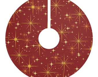 Jupe pour sapin de Noël rouge d'inspiration moderne Mid-Century Gold Stars - Atomic Stars