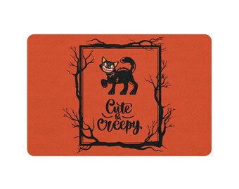 Orange Vintage-Inspired Black Cat "Cute and Creepy" Pet Food Mat -Pet Accessories - Cat or Dog Mat - Gift for Pets - Food Mat