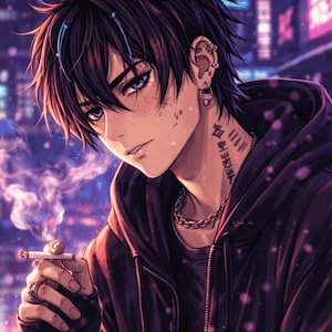 Puede incluir: Ilustración estilo anime de una persona con cabello oscuro, vistiendo una chaqueta con capucha negra y un collar de cadena plateada. La persona sostiene un cigarrillo encendido, con humo ascendente. El fondo presenta una ciudad de noche con luces de neón.