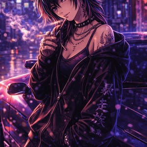 May include: Digital illustration of a person in a black hoodie with Japanese text, smoking a cigarette. The person is wearing a choker, multiple necklaces, and has tattoos. The background shows a city at night with neon lights and a car.