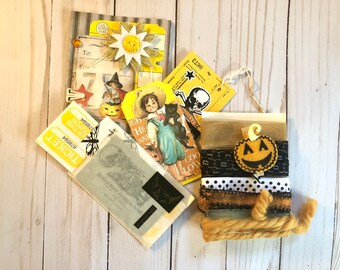 Halloween girl black cat Ephemera for Junk Journal Vintage tags and Embellishments Scrapbook Craft