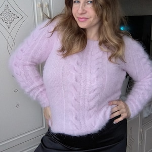 Fluffy angora sweater woman pink cable angora sweater in 2 threads