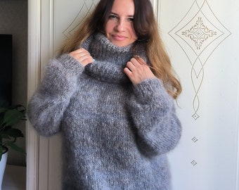 Fuzzy mohair sweater turtleneck separate collar knit wool sweater dress