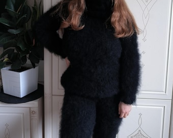 Fuzzy wool mohair suit set: thick sweater turtleneck and leggings pants black man and woman