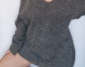 Fluffy angora sweater V-neck men grey angora jumper oversize
