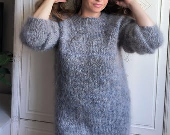 Fuzzy Mohair Sweater Dress: Hand Knit Gray Mohair