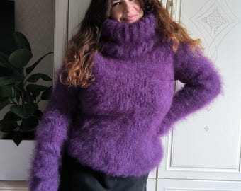 Fuzzy thick mohair turtleneck sweater purple unisex