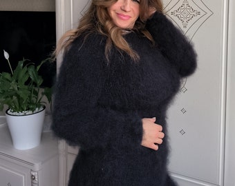 Fuzzy mohair sweater dress women wool longhair dress black