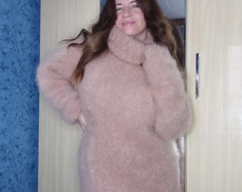 Fuzzy long mohair sweater dress turtleneck pink woman
