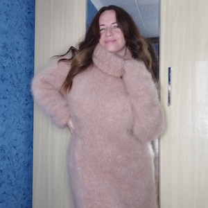 Fuzzy mohair sweater dress, pink mohair turtleneck
