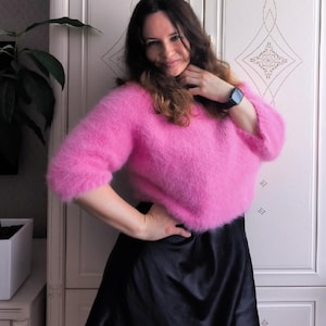 Fluffy angora sweater women pink angora sweater top off-shoulder jumper