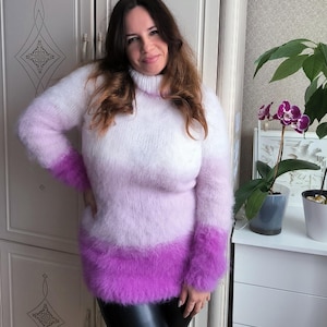Fluffy angora sweater woman gradient sweater handknit angora turtleneck ombre