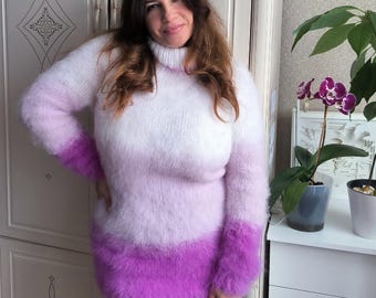 Gradient Angora Turtleneck Sweater: Fluffy Ombre Hand Knit