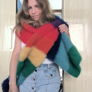 Rainbow long mohair scarf, fuzzy wool scarf