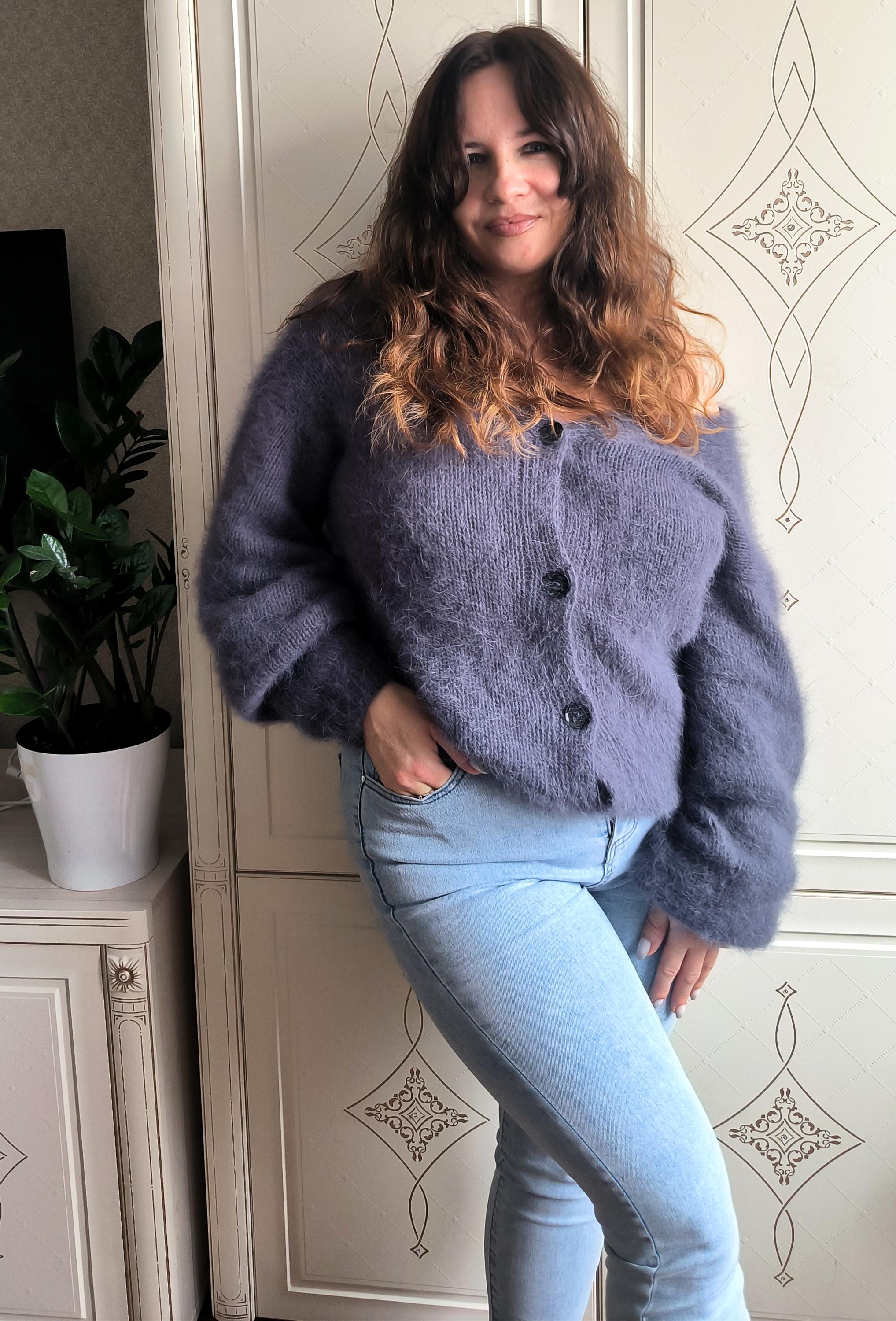Fluffy Angora Cardigan Grey Woman: Soft 100% Handknit Sweater - Etsy