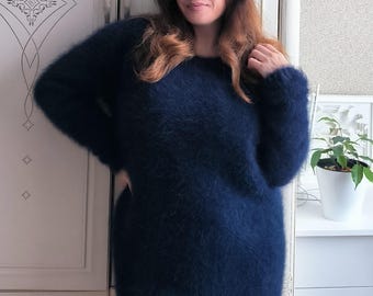 Fluffy wool angora sweater blue man