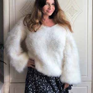 Fuzzy white mohair sweater V-neck, fluffy mohair sweater woman