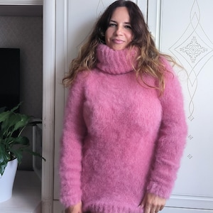 Mohair sweater turtleneck woman pink mohair dress knit thick wool sweater gift for her