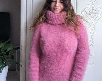 Thick Mohair Turtleneck Sweater: Fuzzy Pink Wool Dress Woman