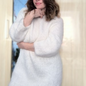 Flauschiger Angora Pullover Kleid Weißes Angora Kleid Frauen Weicher Strick Pullover Kleid