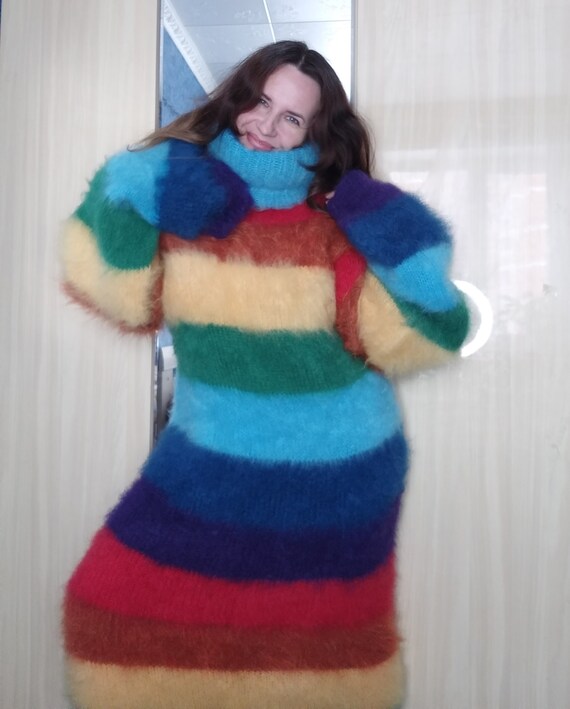 Fuzzy Rainbow Mohair Sweater Dress: Hand-Knitted Turtleneck