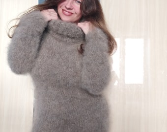 Hand Knitted Mohair Turtleneck Sweater Dress: Fuzzy Wool Blend