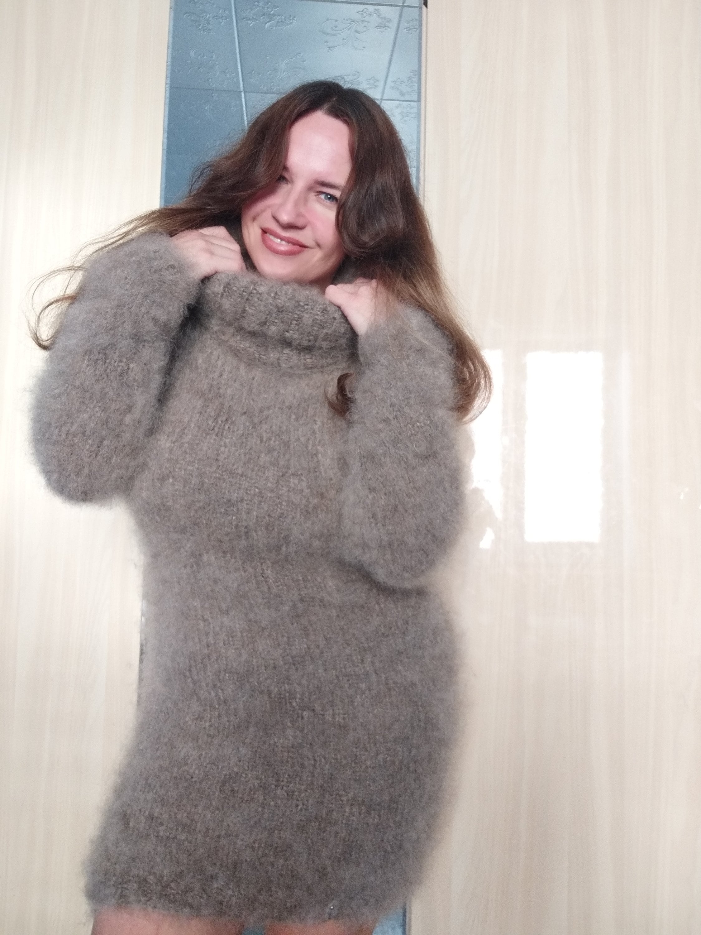 Mohair Sweater Long Wool Mohair Turtleneck Woman Fuzzy Thick