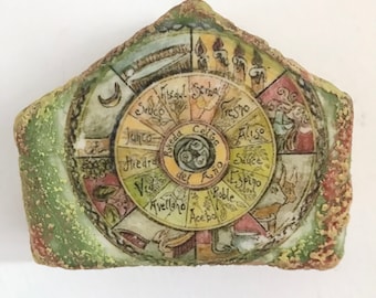 Original Mixed Media Encaustic on Wooden House Shape - Ancient Zodiac