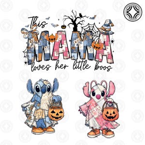 May include: A graphic design featuring the text This MAMA loves her little boos in black script and block letters. The letters are filled with blue and pink floral patchwork patterns. Two cartoon characters in ghost costumes hold pumpkin buckets.
