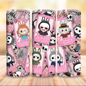 Pink Halloween Monster Doll 20 oz Straight Tumbler Wrap Design, Kawaii Monsters Halloween 20oz PNG for Sublimation, Halloween Horror Movie