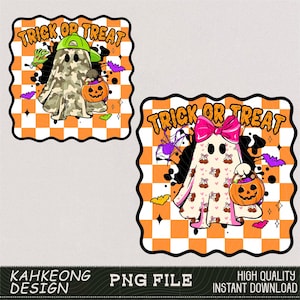 May include: Two Halloween-themed PNG files featuring ghost characters. One ghost wears a camouflage outfit and a green cap, holding a pumpkin. The other ghost has a pink bow and a dress with a cherry pattern, also holding a pumpkin. Both have the text "Trick or Treat".