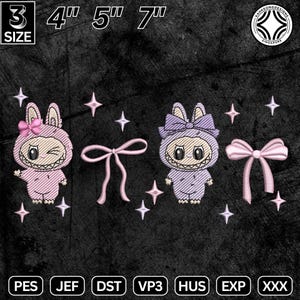 Diseño de bordado de juguete de dibujos animados, diseño de bordado de pequeño monstruo adorable, diseño de bordado de lazo de coqueta de monstruo esponjoso, descarga instantánea