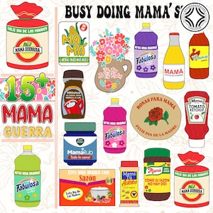 Puede incluir: Una colección de etiquetas e ilustraciones de productos coloridos con texto en español. Las etiquetas incluyen frases como "Mama Guerra", "Fabulosa" y "Feliz Dia de las Madres". La imagen tiene un tema festivo y de celebración.