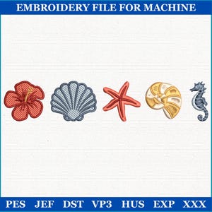 Puede incluir: Archivo de bordado para máquina con una flor de hibisco roja, una concha azul, una estrella de mar roja, una concha amarilla y blanca y un caballito de mar gris. El texto "EMBROIDERY FILE FOR MACHINE" está en la parte superior.