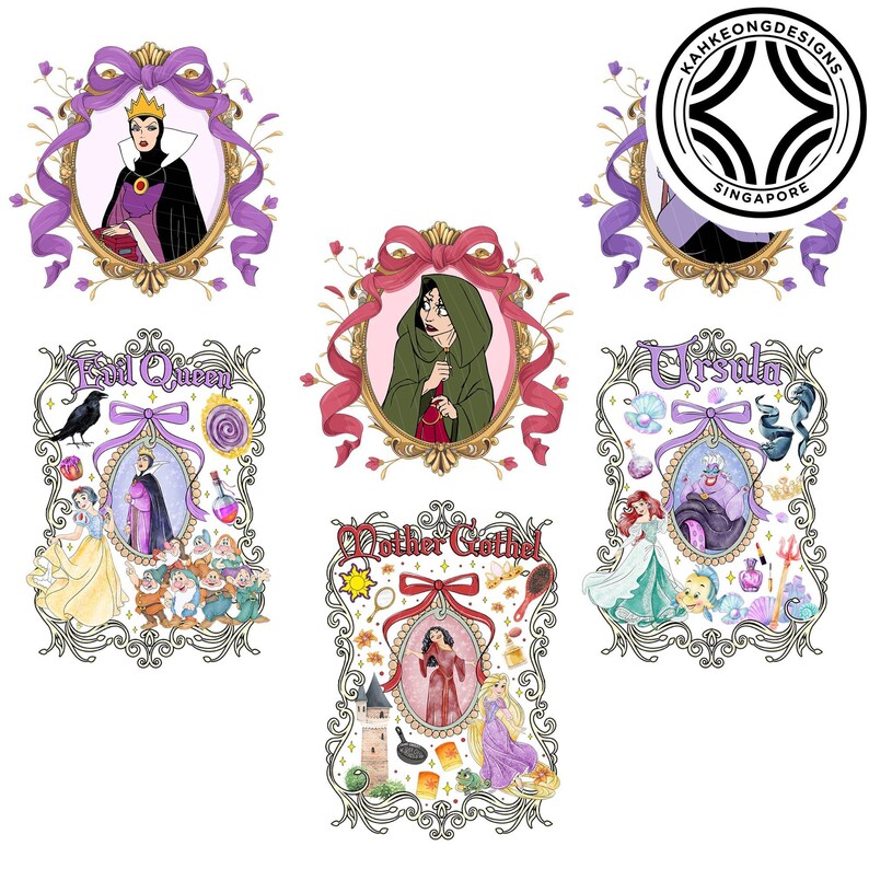 Puede incluir: Una colecci&oacute;n de ilustraciones enmarcadas con varios personajes. Cada marco tiene un borde dorado y est&aacute; adornado con cintas. Las ilustraciones incluyen a la Reina Malvada, Madre Gothel y &Uacute;rsula, entre otros. La obra de arte tiene un tema caprichoso.