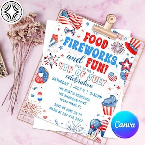 4. Juli Grilleinladung Canva Vorlage, Party In USA Einladen, Unabhängigkeitstag BBQ Barbeque Invite, Juli Vierter Food Friend und Feuerwerk