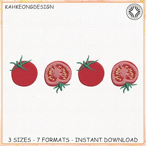Könnte beinhalten: Gestickte Tomaten-Designs in Rot mit grünen Stielen. Zwei ganze Tomaten und zwei halbierte Tomaten werden gezeigt. Der Text "KAHKEONGDESIGN" steht oben und "3 SIZES - 7 FORMATS - INSTANT DOWNLOAD" unten.