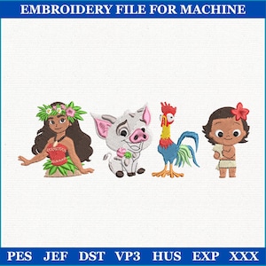 May include: Machine embroidery file featuring four cartoon characters: a woman with a flower crown, a pig, a rooster, and a girl. The characters are in bright colours, with the text "EMBROIDERY FILE FOR MACHINE" at the top.