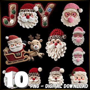 Op de afbeelding: Een verzameling gehaakte kerstversieringen en ontwerpen, waaronder Sinterklaasgezichten, een rendier en het woord "JOY". De ornamenten hebben rode, witte en roze kleuren, met sommige Sinterklaasmutsen met luipaardprint. De afbeelding bevat ook het nummer "10" en de tekst "PNG - DIGITAL DOWNLOAD".
