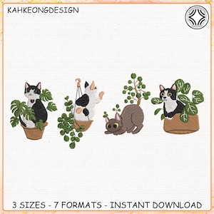 Cute Cat Embroidery Design, Plants Cat Embroidery Design, Animal Embroidery Machine File, Instant Download, Includes 3 Sizes