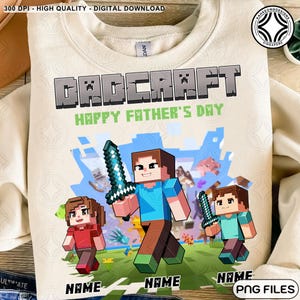 Personalizowane DadCraft z dziećmi Png, Film z grami wideo Png, Prezent na Dzień Ojca, Niestandardowe imię Gamer Dad Png, Cartoon Dad Png, Plik cyfrowy